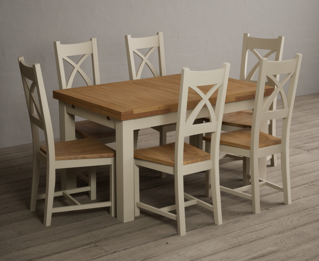 Product photograph of Extending Hampshire 140cm Oak And Cream Painted Dining Table With 6 Brown X Back Chairs from Oak Furniture Superstore