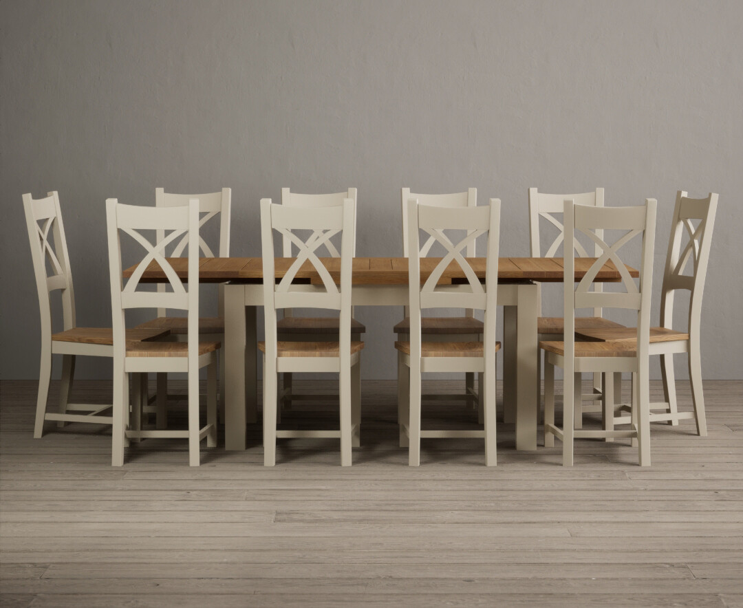 Photo 2 of Extending hampshire 140cm oak and cream painted dining table with 8 charcoal grey x back chairs