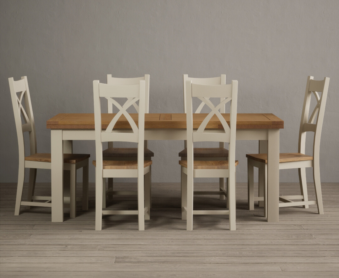 Photo 2 of Extending hampshire 180cm oak and cream painted dining table with 10 linen x back chairs