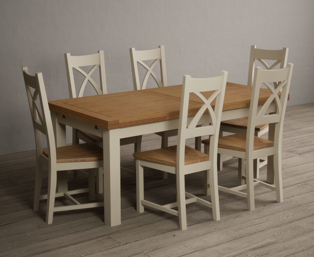 Product photograph of Extending Hampshire 180cm Oak And Cream Painted Dining Table With 8 Linen X Back Chairs from Oak Furniture Superstore