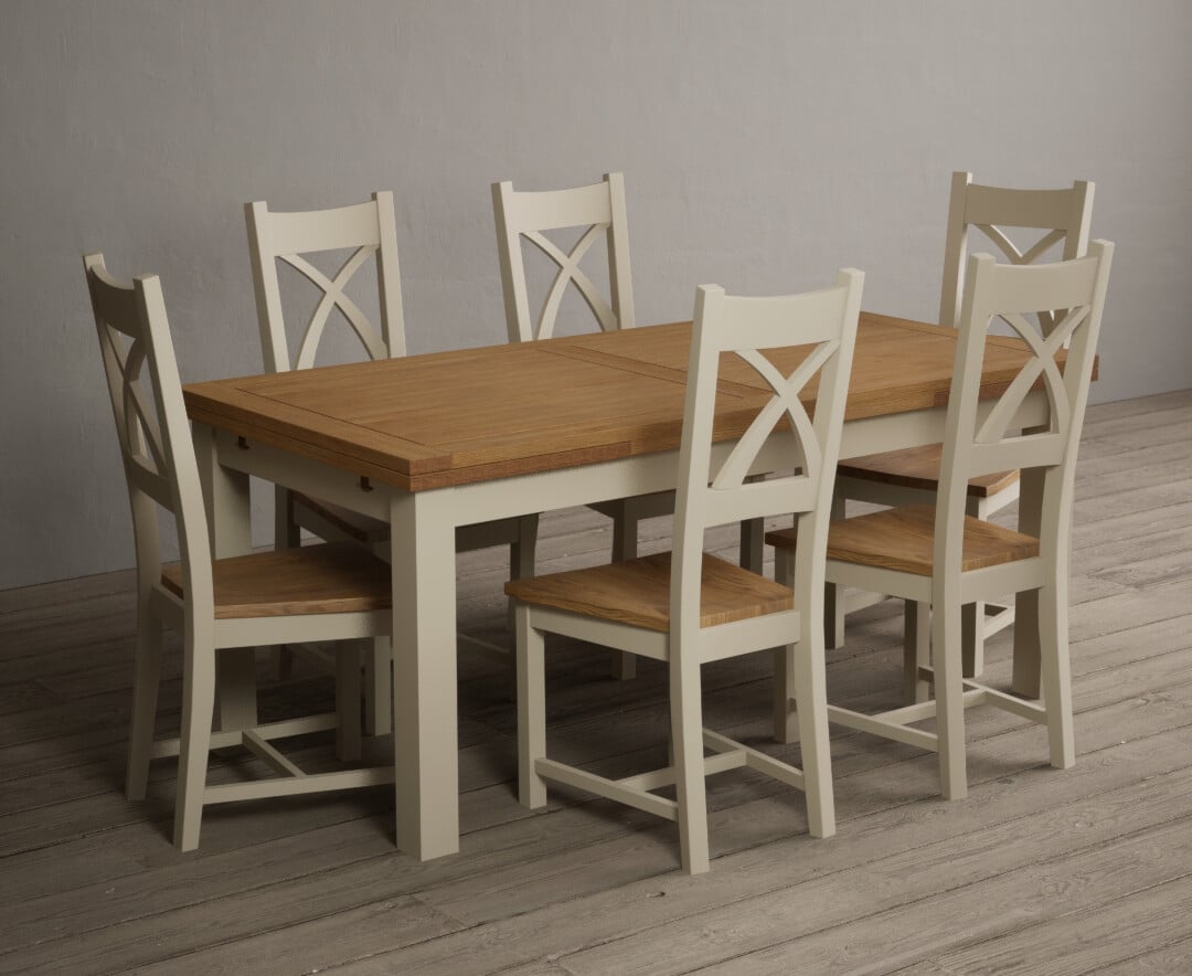 Product photograph of Extending Hampshire 180cm Oak And Cream Painted Dining Table With 10 Blue X Back Chairs from Oak Furniture Superstore