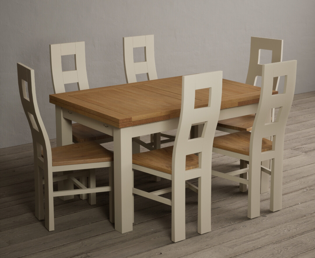 Extending Hampshire 140cm Oak And Cream Painted Dining Table With 6 Linen Flow Back Chairs