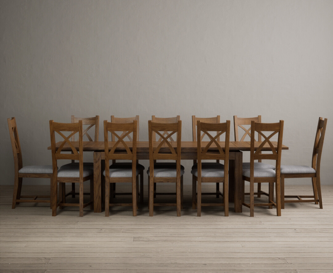 Photo 3 of Buxton 180cm rustic solid oak extending dining table with 12 light grey solid oak x back chairs