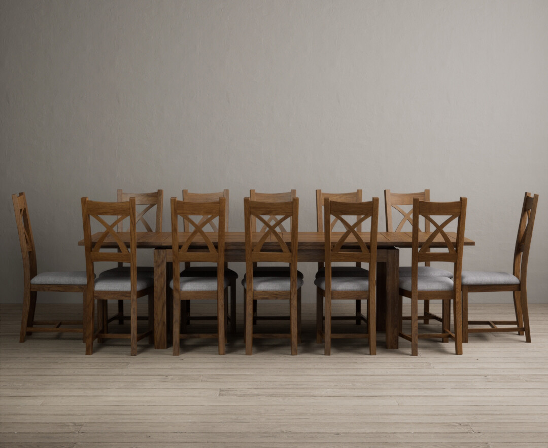 Extending Buxton 180cm Rustic Solid Oak Dining Table With 12 Rustic Oak Rustic Solid Oak Chairs