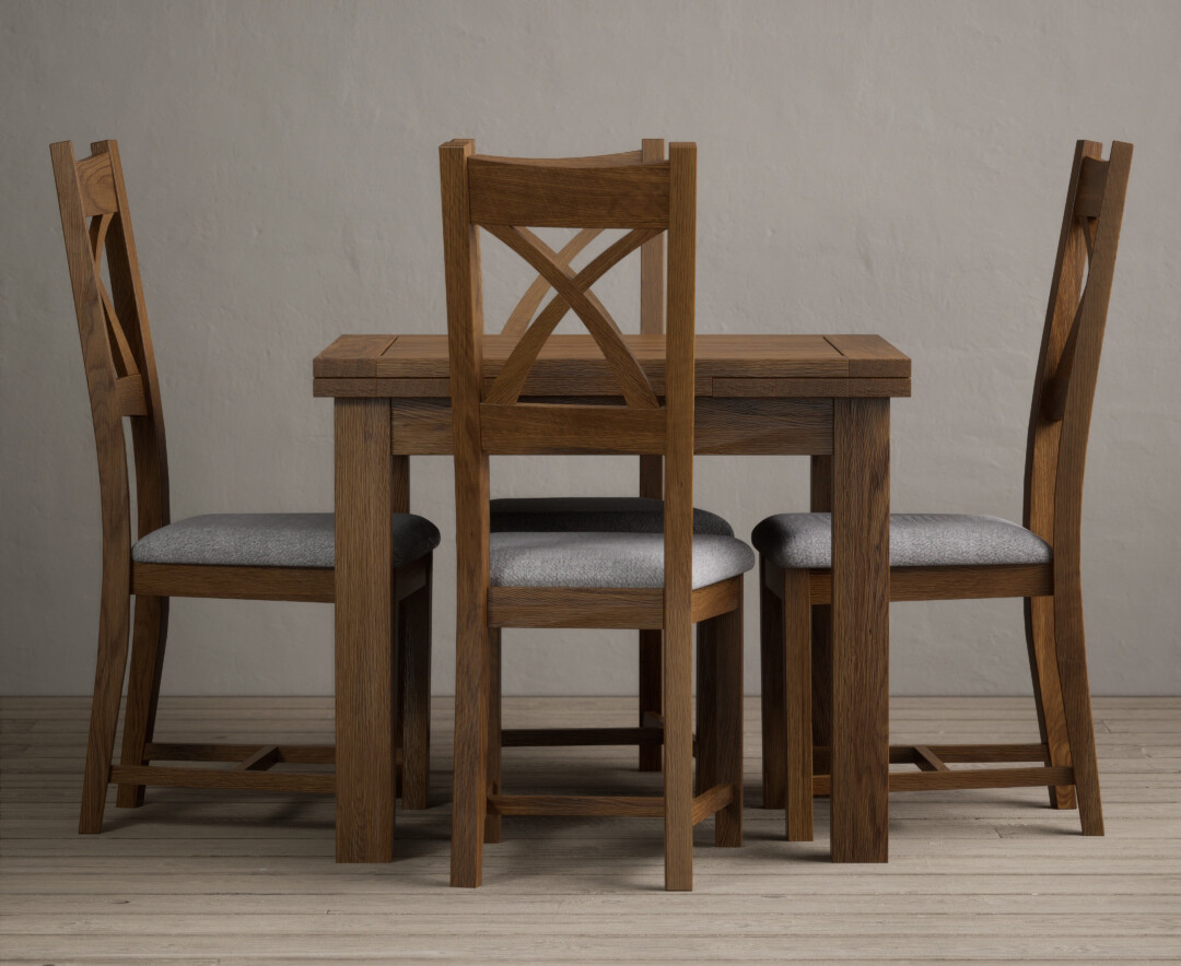 Photo 4 of Extending buxton 90cm rustic solid oak dining table with 4 linen rustic solid oak chairs
