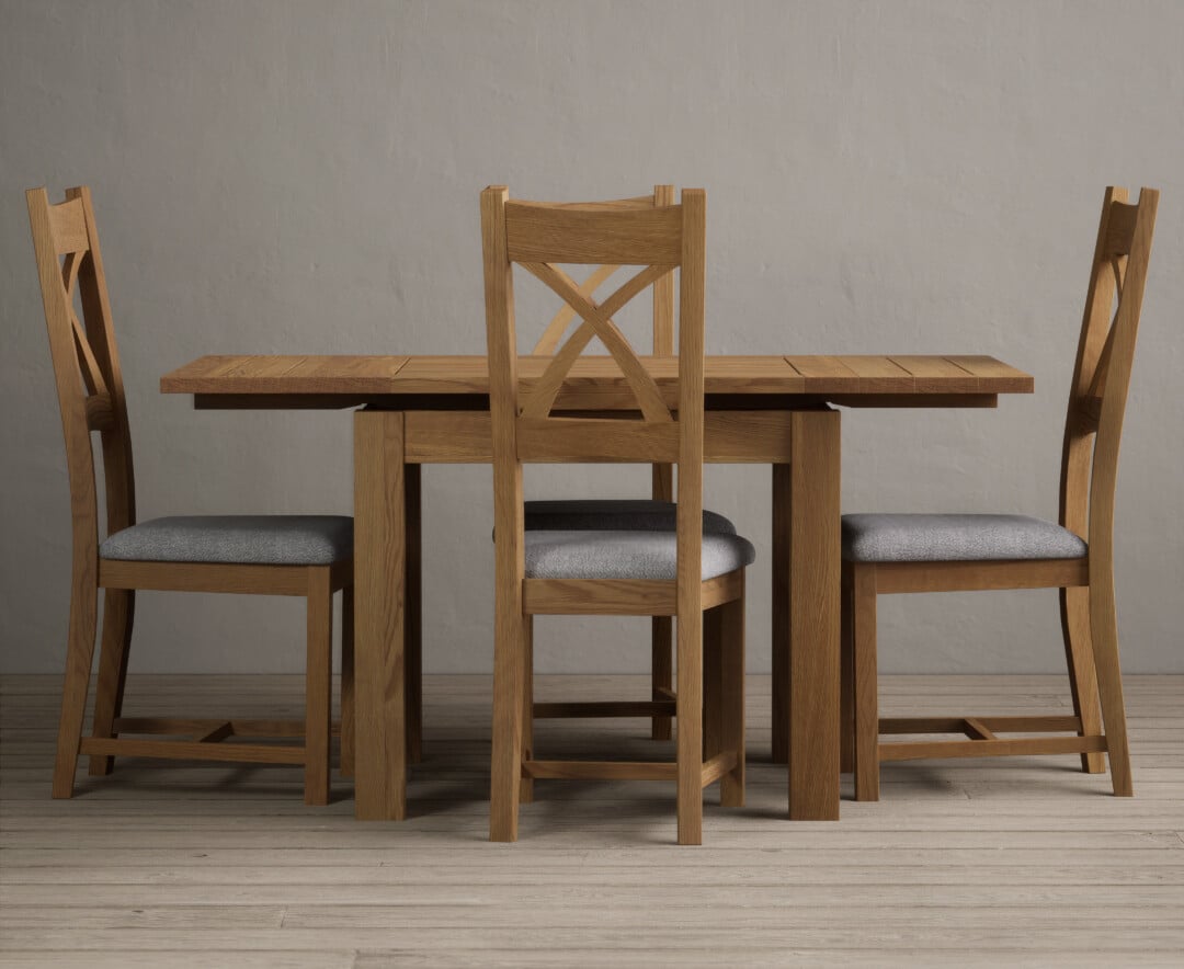 Extending Buxton 90cm Solid Oak Dining Table With 4 Charcoal Grey Natural Solid Oak Chairs