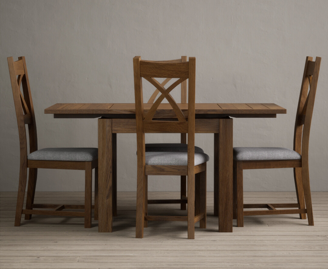 Photo 4 of Buxton 90cm rustic solid oak extending dining table with 4 light grey solid oak x back chairs