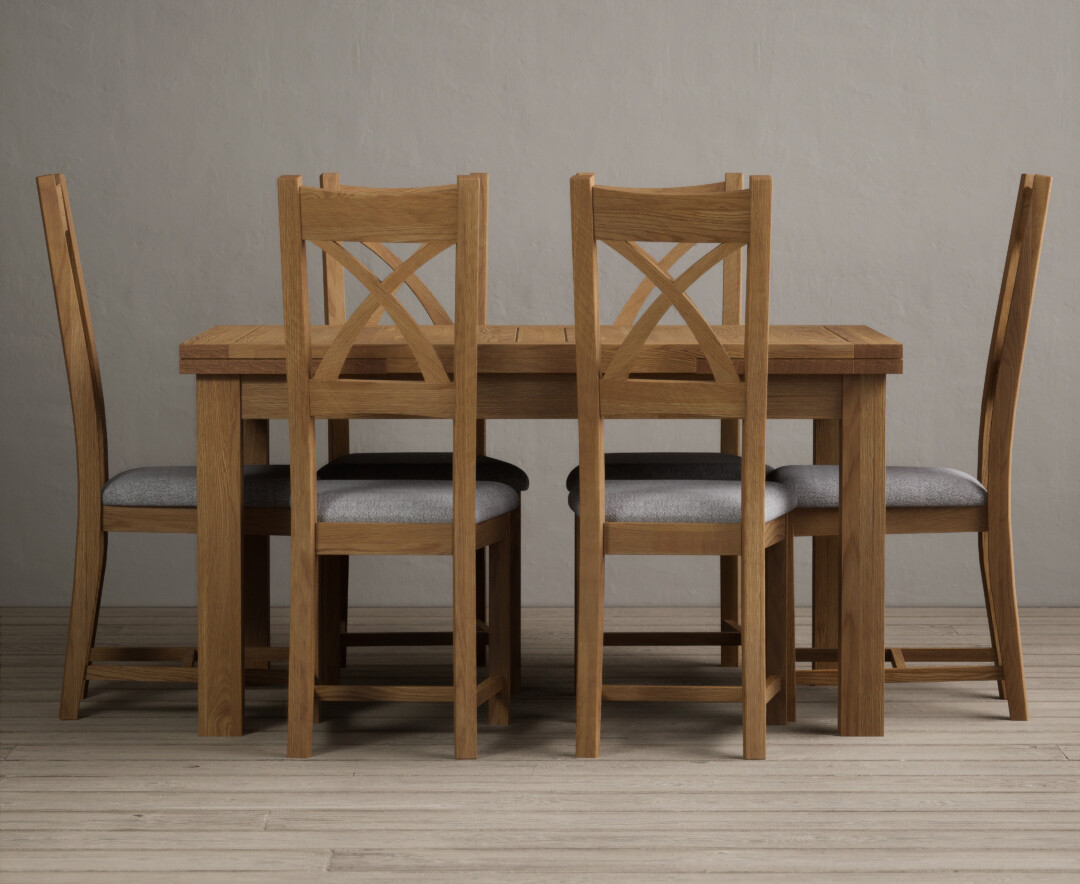 Photo 2 of Extending buxton 140cm solid oak dining table with 6 linen natural solid oak chairs