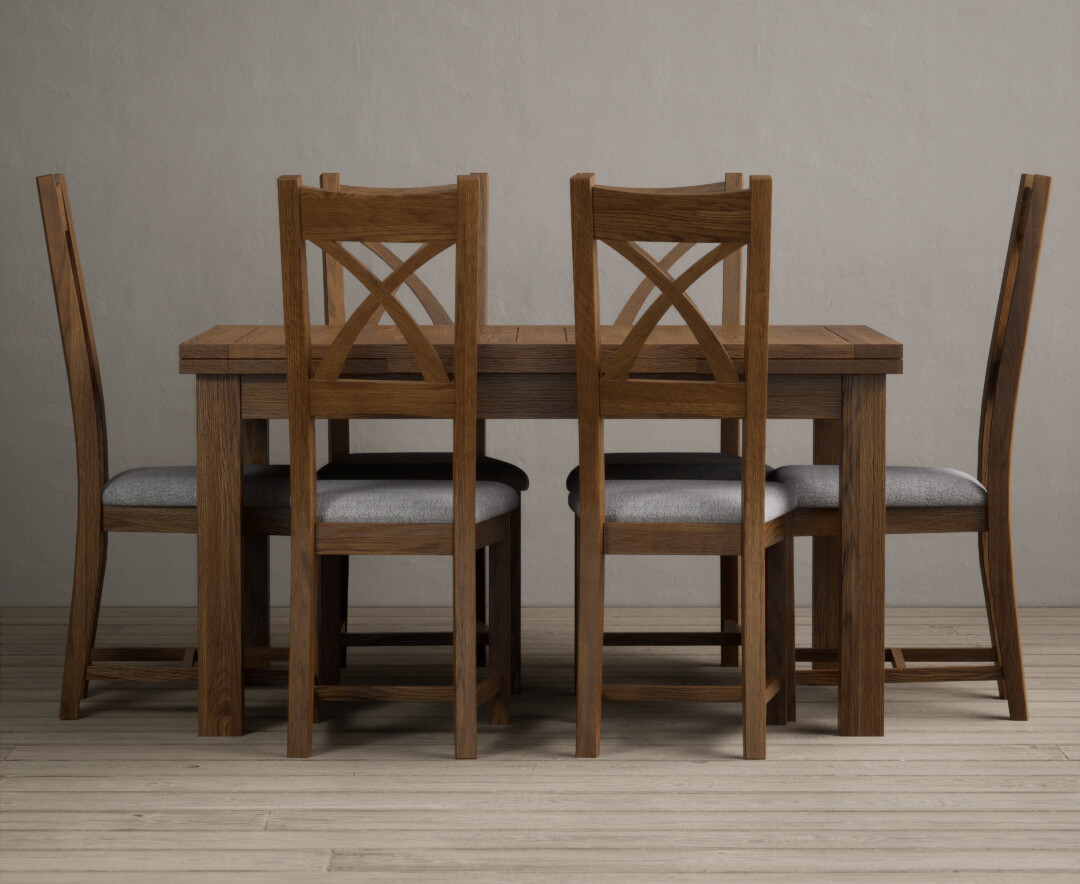 Photo 4 of Extending buxton 140cm rustic solid oak dining table with 8 linen rustic solid oak chairs