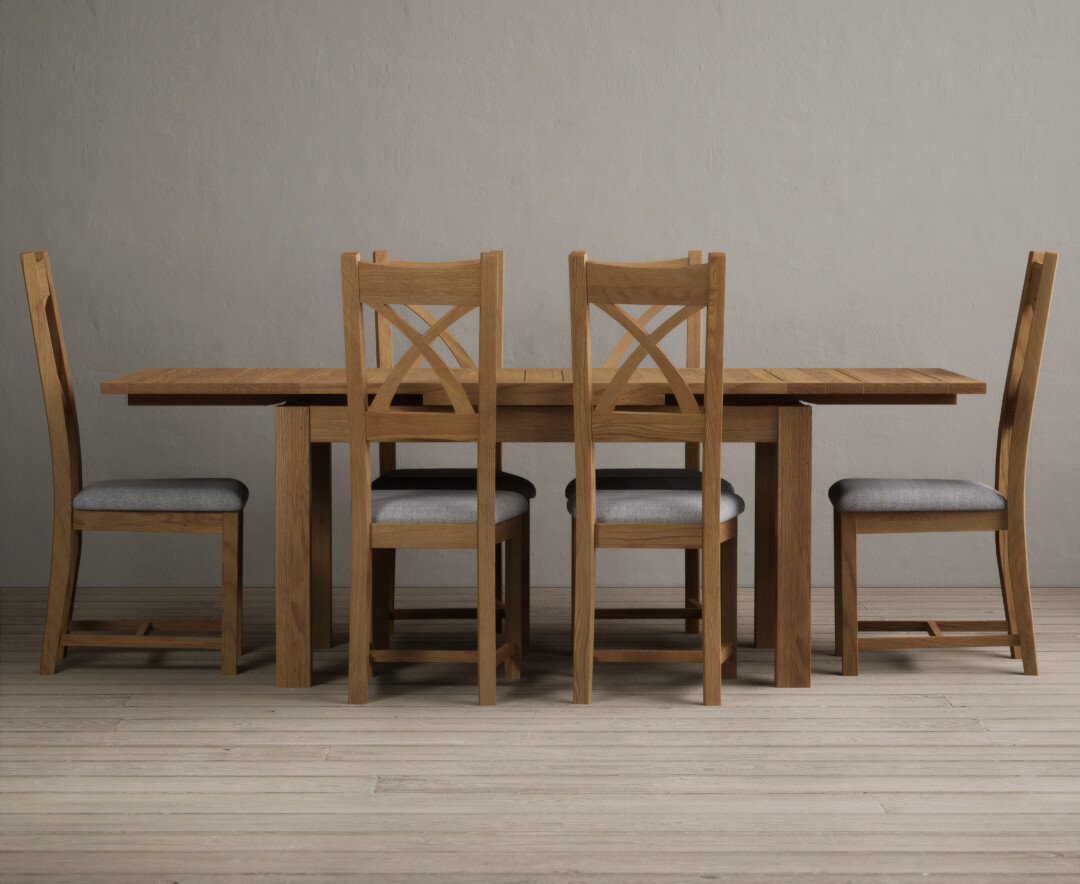 Product photograph of Extending Buxton 140cm Solid Oak Dining Table With 8 Linen Natural Solid Oak Chairs from Oak Furniture Superstore