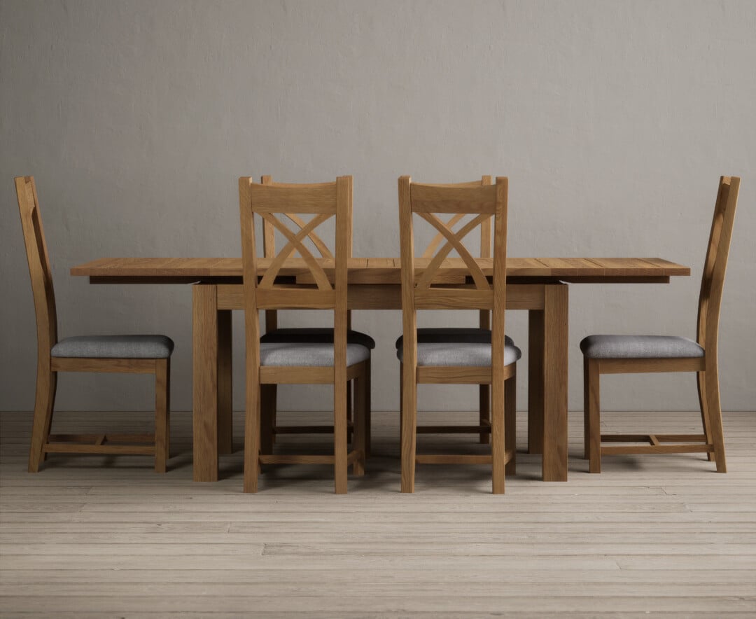 Extending Buxton 140cm Solid Oak Dining Table With 8 Blue Natural Solid Oak Chairs