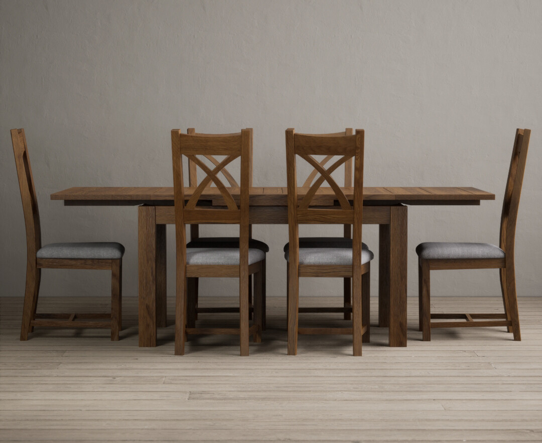 Photo 4 of Hampshire 140cm rustic solid oak extending dining table with 8 light grey solid oak x back chairs