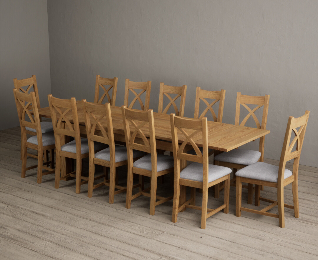 Photo 4 of Buxton 180cm solid oak extending dining table with 10 light grey natural solid oak x back chairs