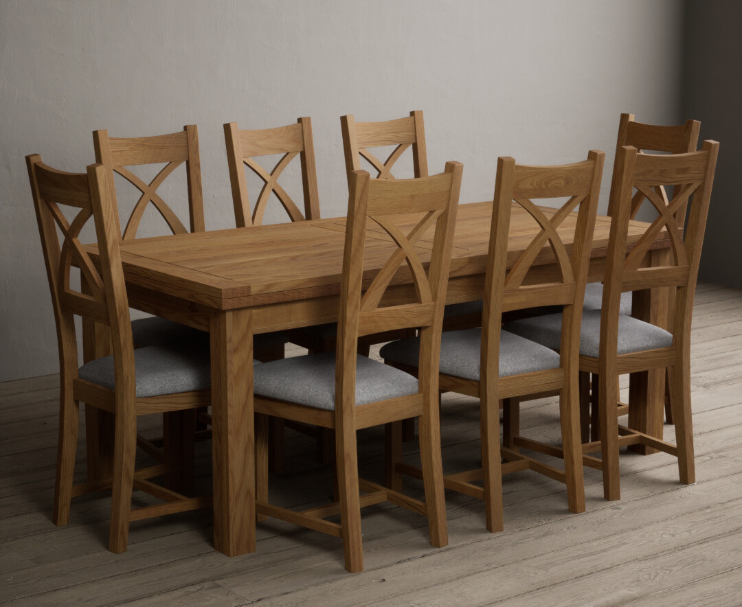 Product photograph of Hampshire 180cm Solid Oak Extending Dining Table With 8 Light Grey Natural Solid Oak X Back Chairs from Oak Furniture Superstore