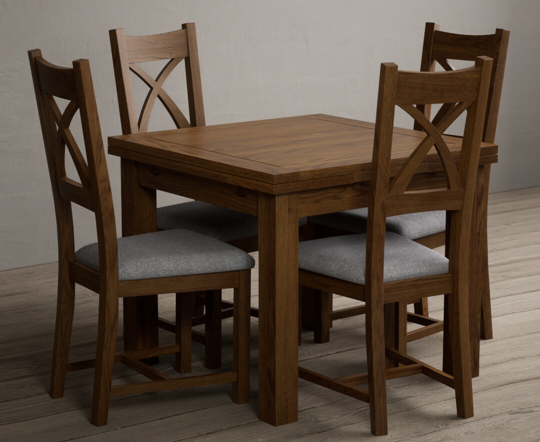 Hampshire 90cm Rustic Solid Oak Extending Dining Table With 6 Light Grey Solid Oak X Back Chairs