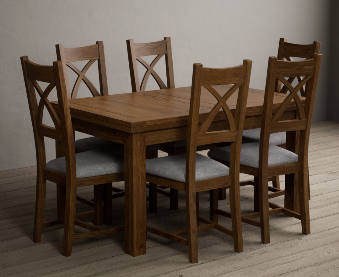 Photo 4 of Extending buxton 140cm rustic solid oak dining table with 6 linen rustic solid oak chairs