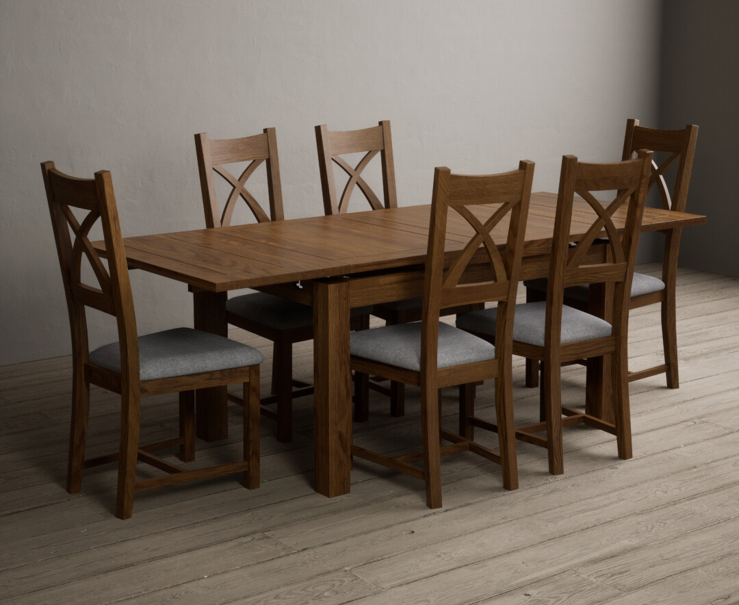 Hampshire 140cm Rustic Solid Oak Extending Dining Table With 8 Light Grey Solid Oak X Back Chairs