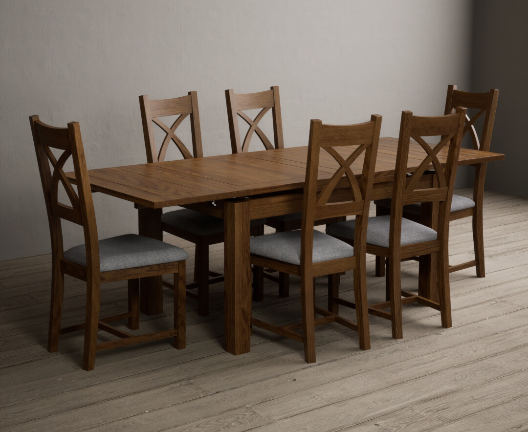 Hampshire 140cm Rustic Solid Oak Extending Dining Table With 8 Light Grey Solid Oak X Back Chairs