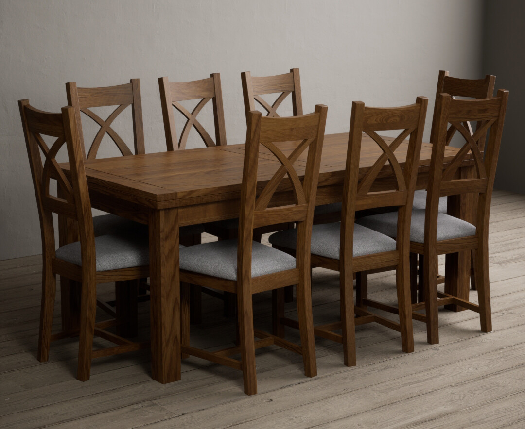 Product photograph of Buxton 180cm Rustic Solid Oak Extending Dining Table With 6 Light Grey Solid Oak X Back Chairs from Oak Furniture Superstore