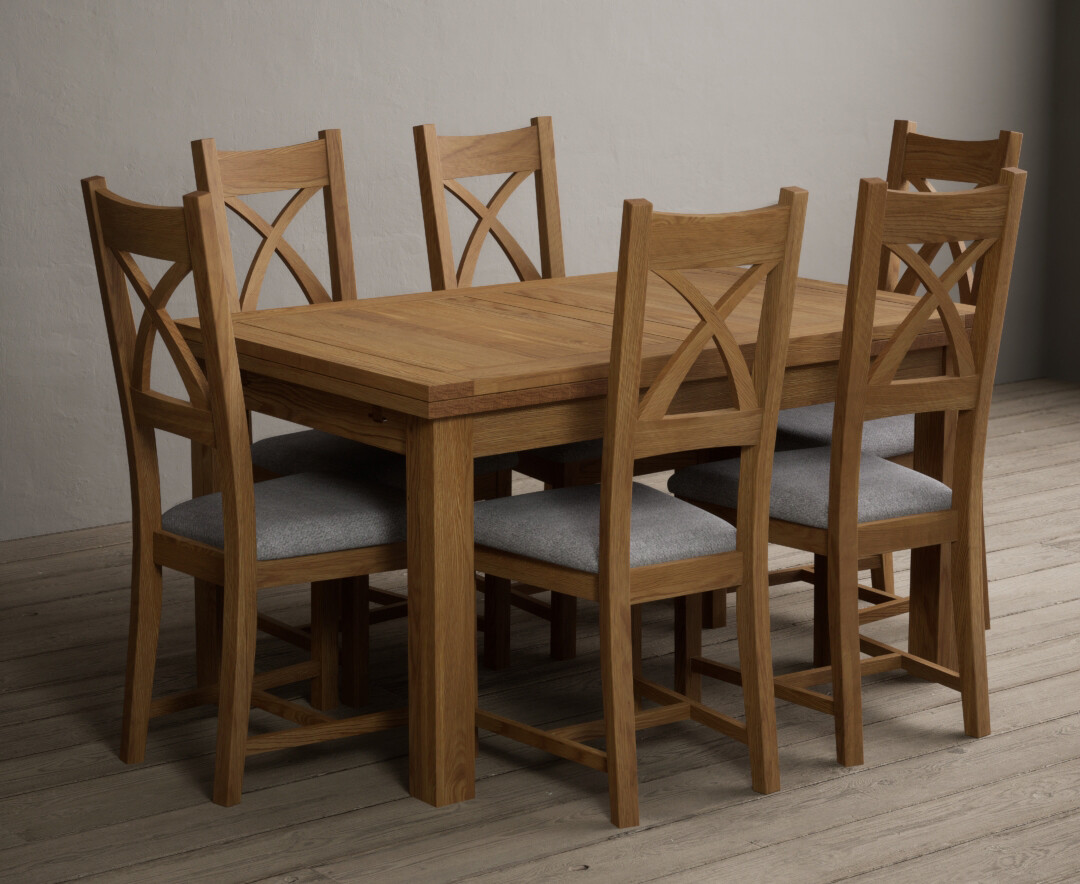 Photo 3 of Extending buxton 140cm solid oak dining table with 6 linen natural solid oak chairs