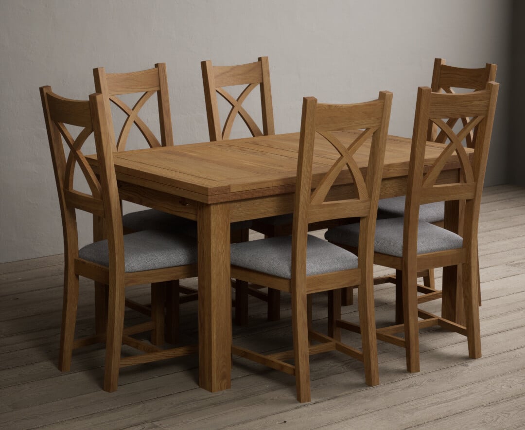 Photo 4 of Extending buxton 140cm solid oak dining table with 6 linen natural solid oak chairs