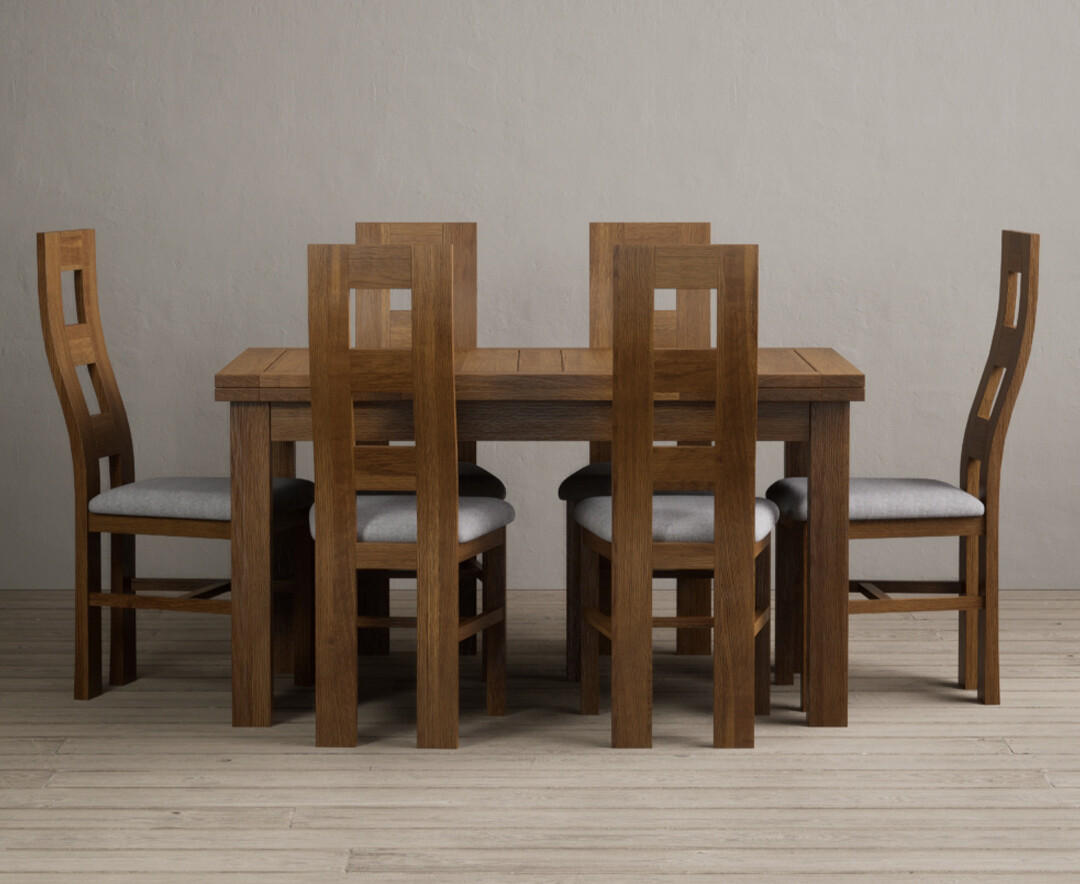 Photo 4 of Buxton 140cm rustic solid oak extending dining table with 6 light grey rustic solid oak flow back chairs