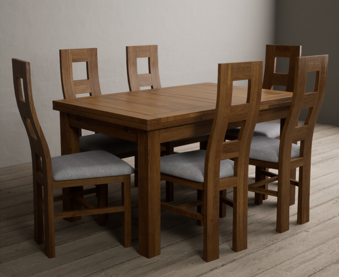 Hampshire 140cm Rustic Solid Oak Extending Dining Table With 6 Light Grey Rustic Solid Oak Flow Back Chairs