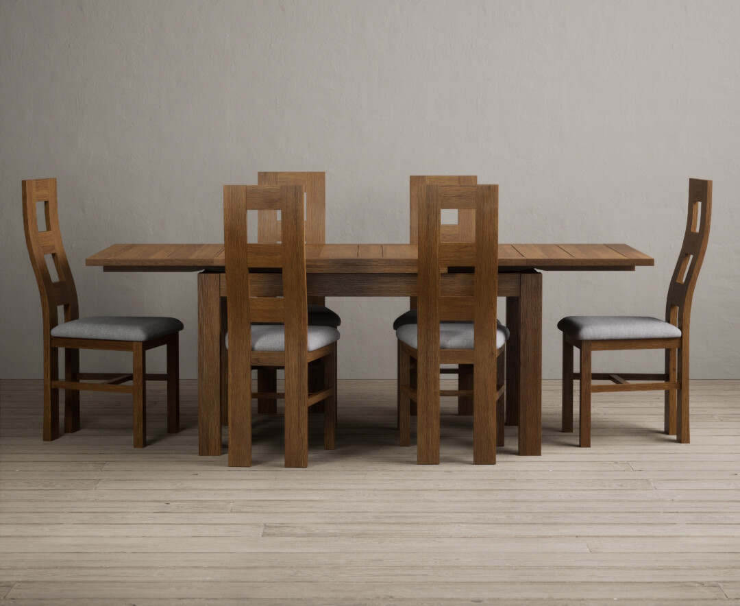 Photo 3 of Buxton 140cm rustic solid oak extending dining table with 6 light grey rustic solid oak flow back chairs