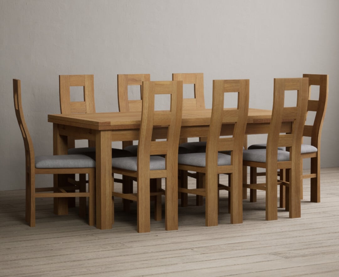 Product photograph of Hampshire 180cm Solid Oak Extending Dining Table With 8 Light Grey Natural Solid Oak Flow Back Chairs from Oak Furniture Superstore