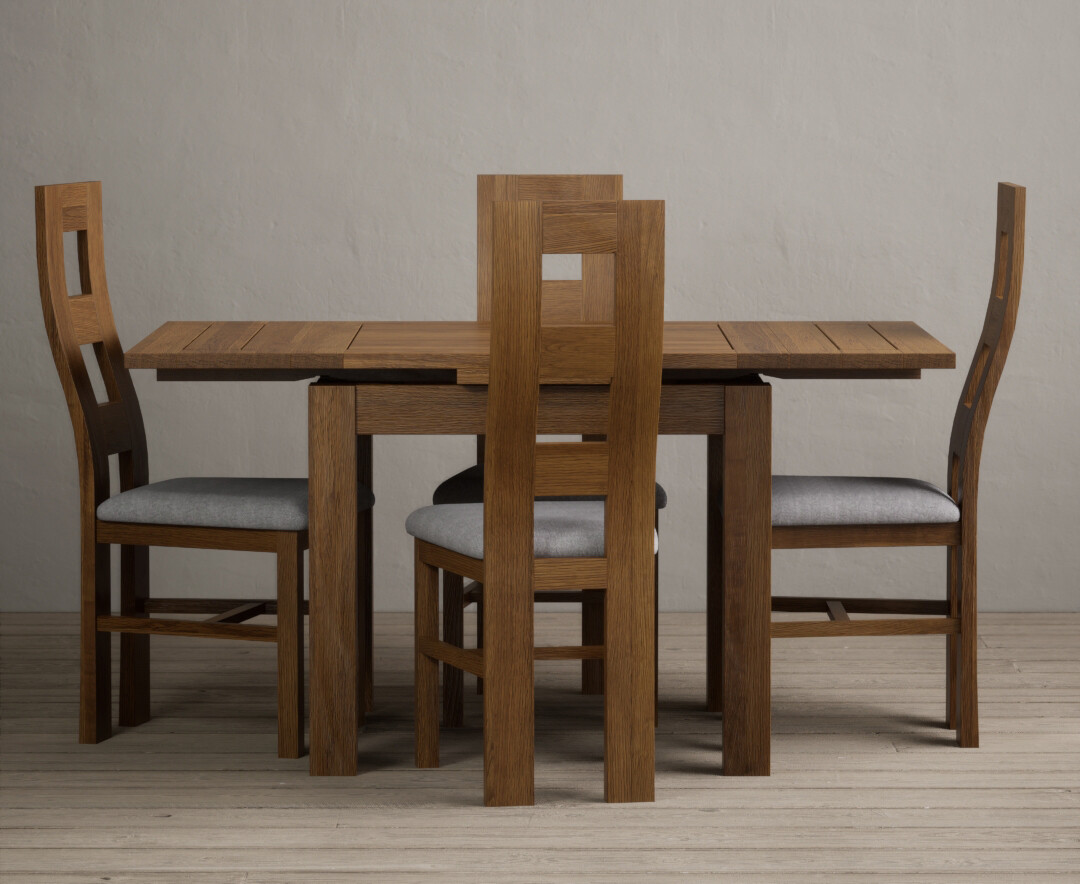 Extending Buxton 90cm Rustic Solid Oak Dining Table With 4 Linen Chairs