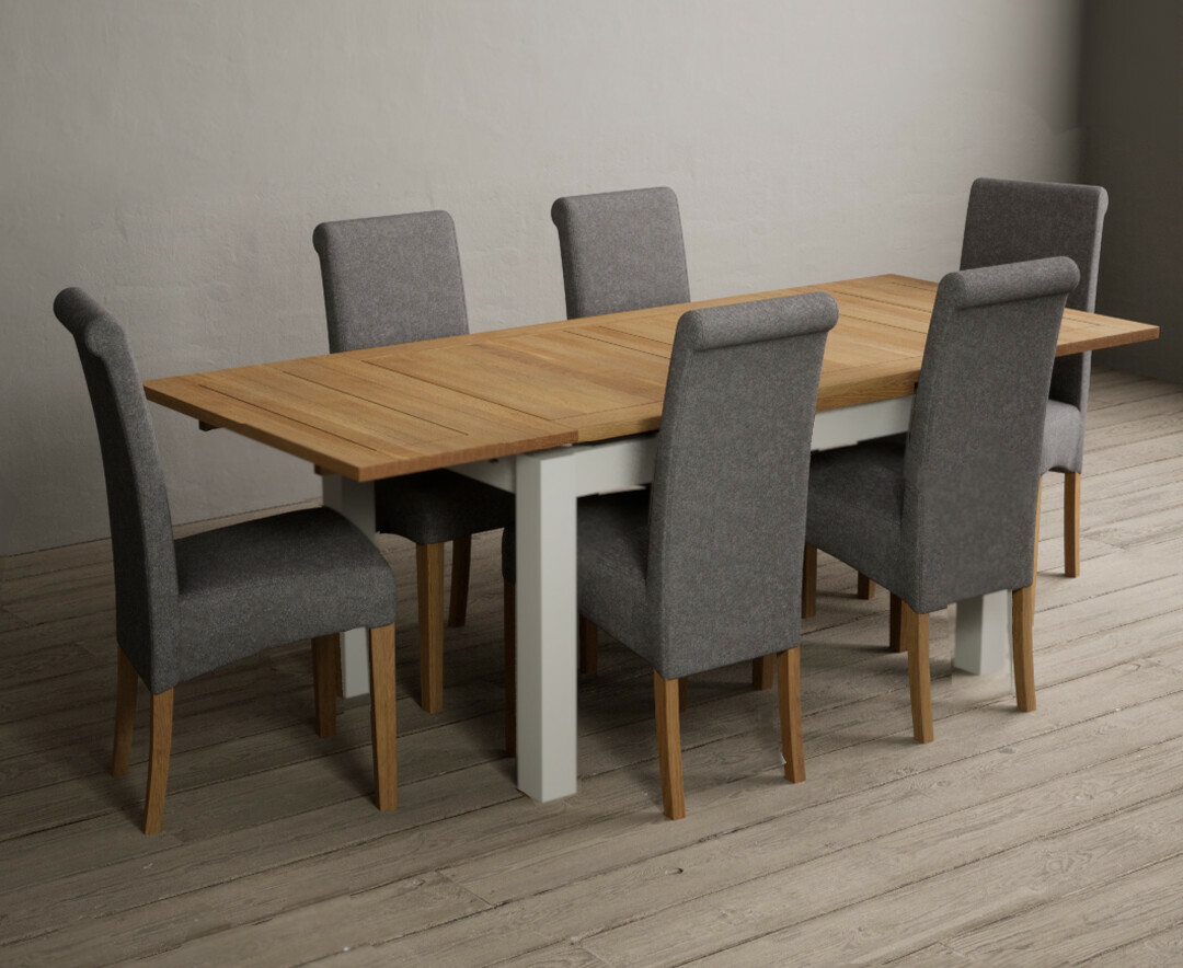 Hampshire 140cm Oak And Chalk White Extending Dining Table With 8 Brown Scroll Back Braced Chairs