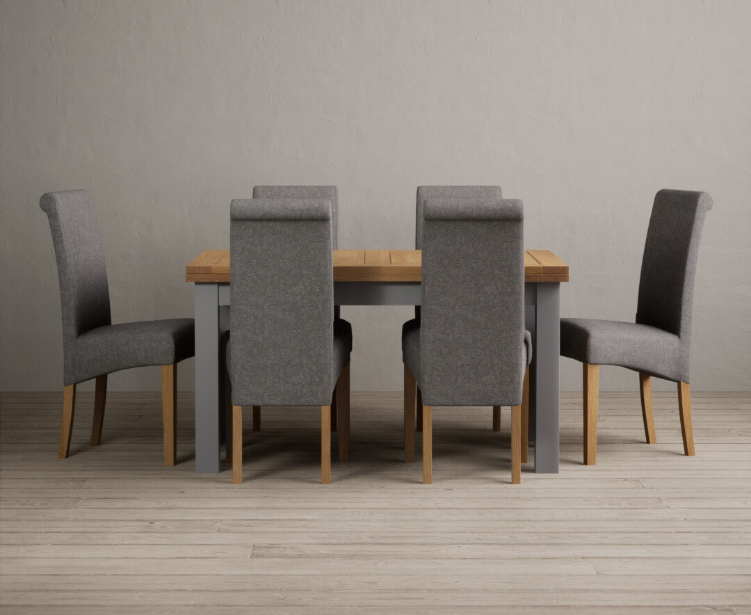 Hampshire 140cm Oak And Light Grey Extending Dining Table With 8 Charcoal Grey Scroll Back Chairs