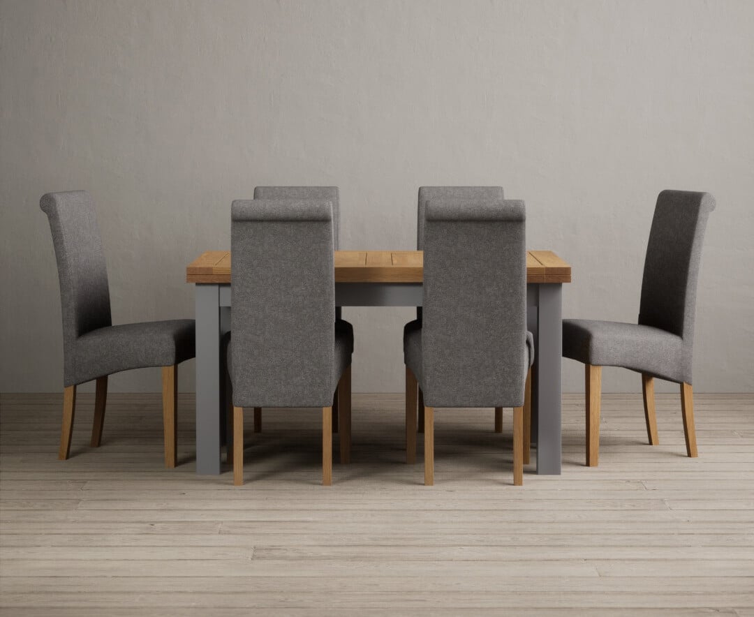 Hampshire 140cm Oak And Light Grey Extending Dining Table With 6 Grey Scroll Back Chairs
