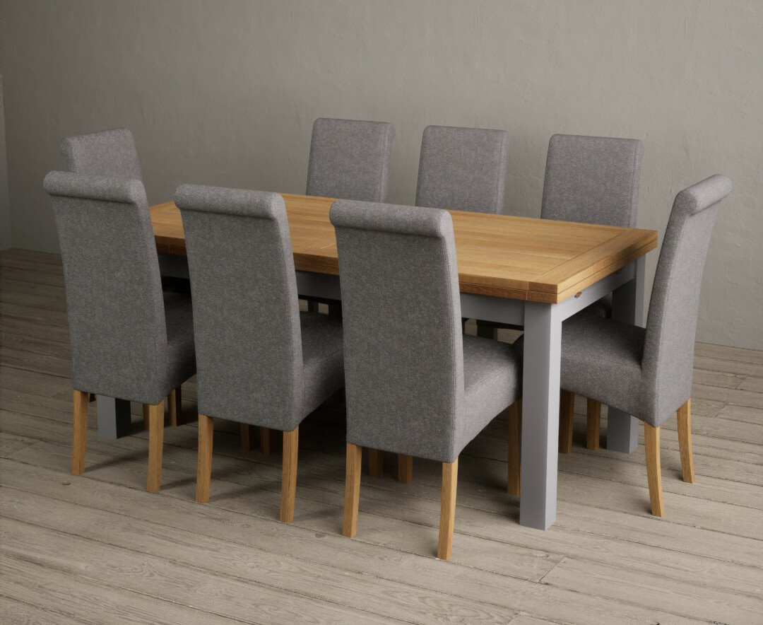 Photo 1 of Hampshire 180cm oak and light grey extending dining table with 12 charcoal grey scroll back chairs