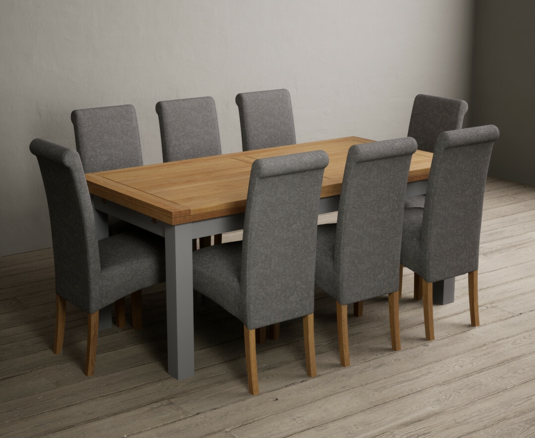 Product photograph of Buxton 180cm Oak And Light Grey Extending Dining Table With 8 Grey Scroll Back Chairs from Oak Furniture Superstore