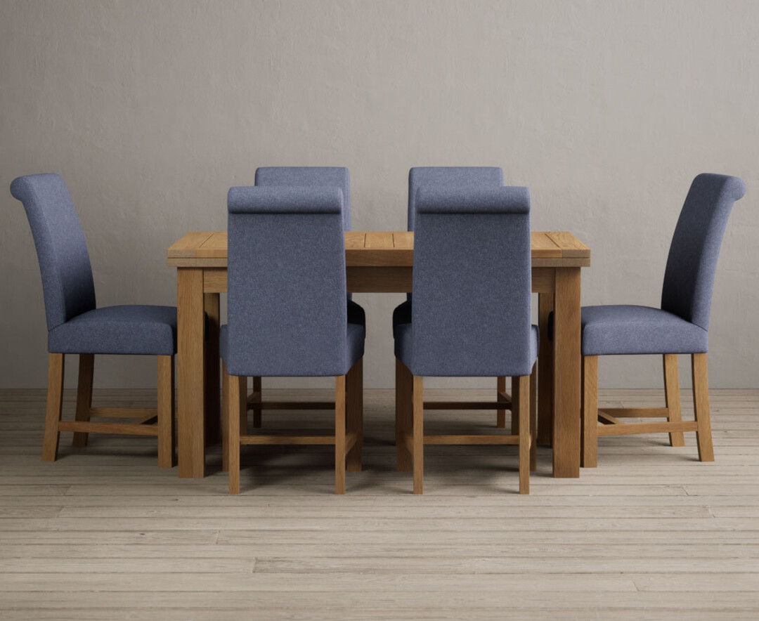 Photo 3 of Buxton 140cm solid oak extending dining table with 6 blue scroll back braced chairs