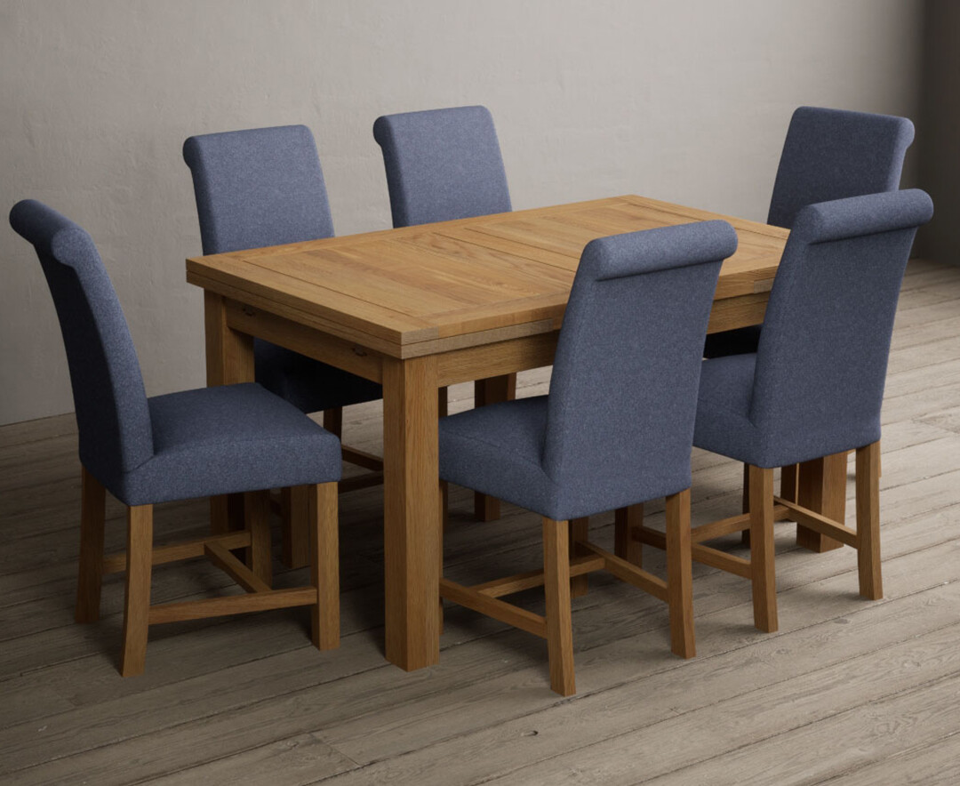 Photo 1 of Hampshire 140cm solid oak extending dining table with 6 brown scroll back braced chairs