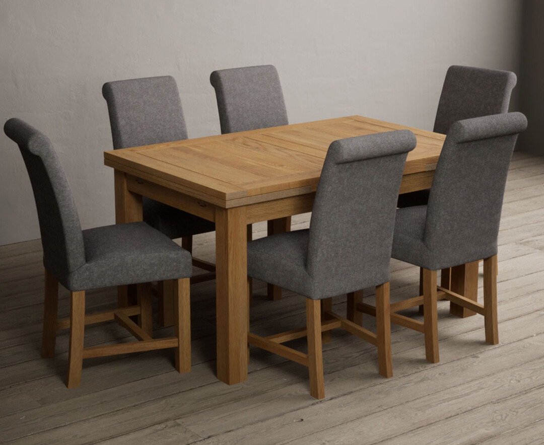Hampshire 140cm Solid Oak Extending Dining Table With 6 Grey Scroll Back Braced Chairs