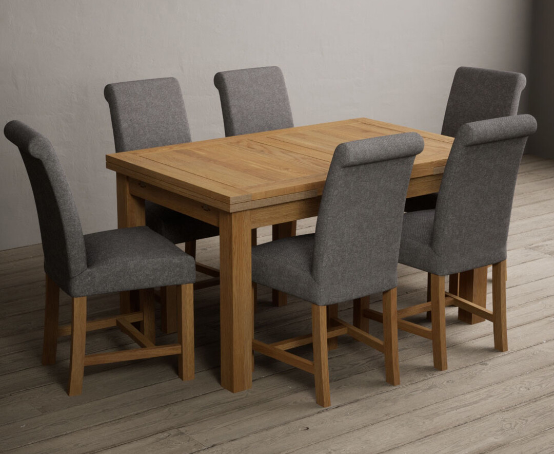 Hampshire 140cm Solid Oak Extending Dining Table With 6 Charcoal Grey Scroll Back Braced Chairs