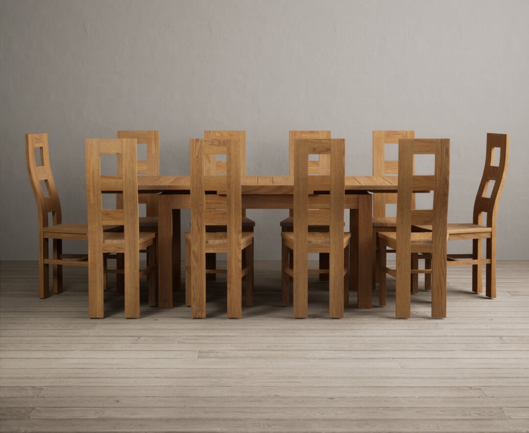 Extending Buxton 140cm Solid Oak Dining Table With 10 Brown Natural Chairs