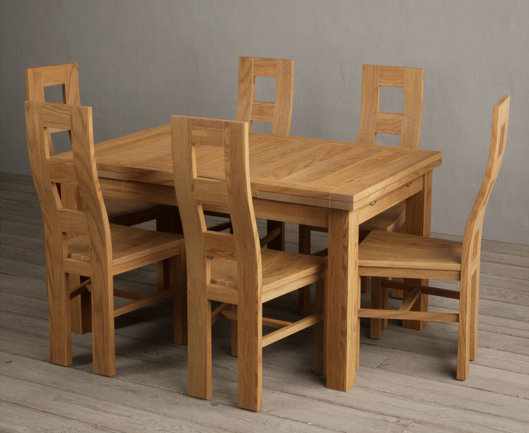 Photo 1 of Buxton 140cm solid oak extending dining table with 6 light grey natural solid oak flow back chairs