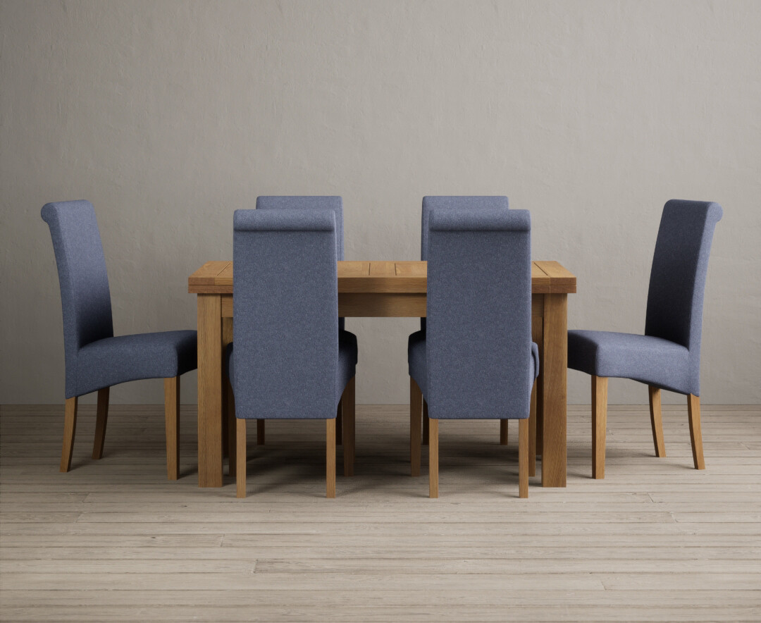 Photo 3 of Hampshire 140cm solid oak extending dining table with 6 blue scroll back chairs