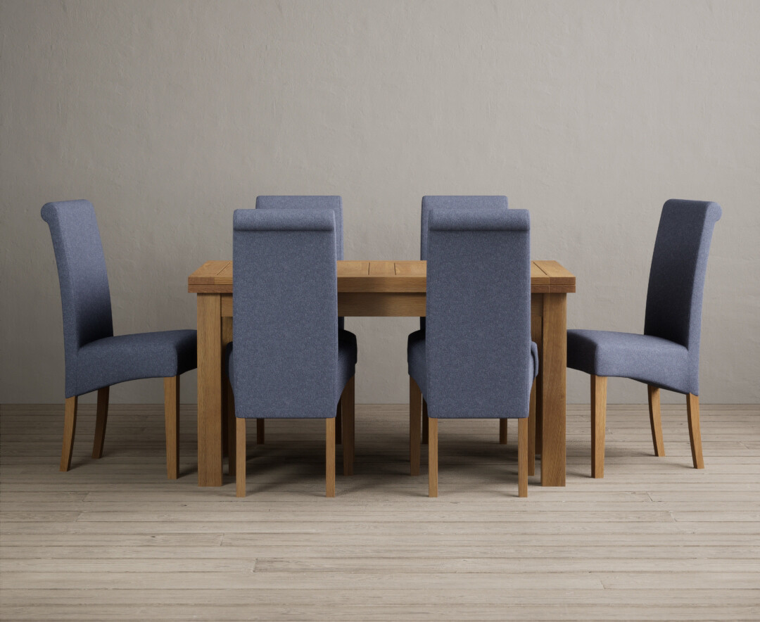 Extending Hampshire 140cm Solid Oak Dining Table With 6 Blue Scroll Back Chairs