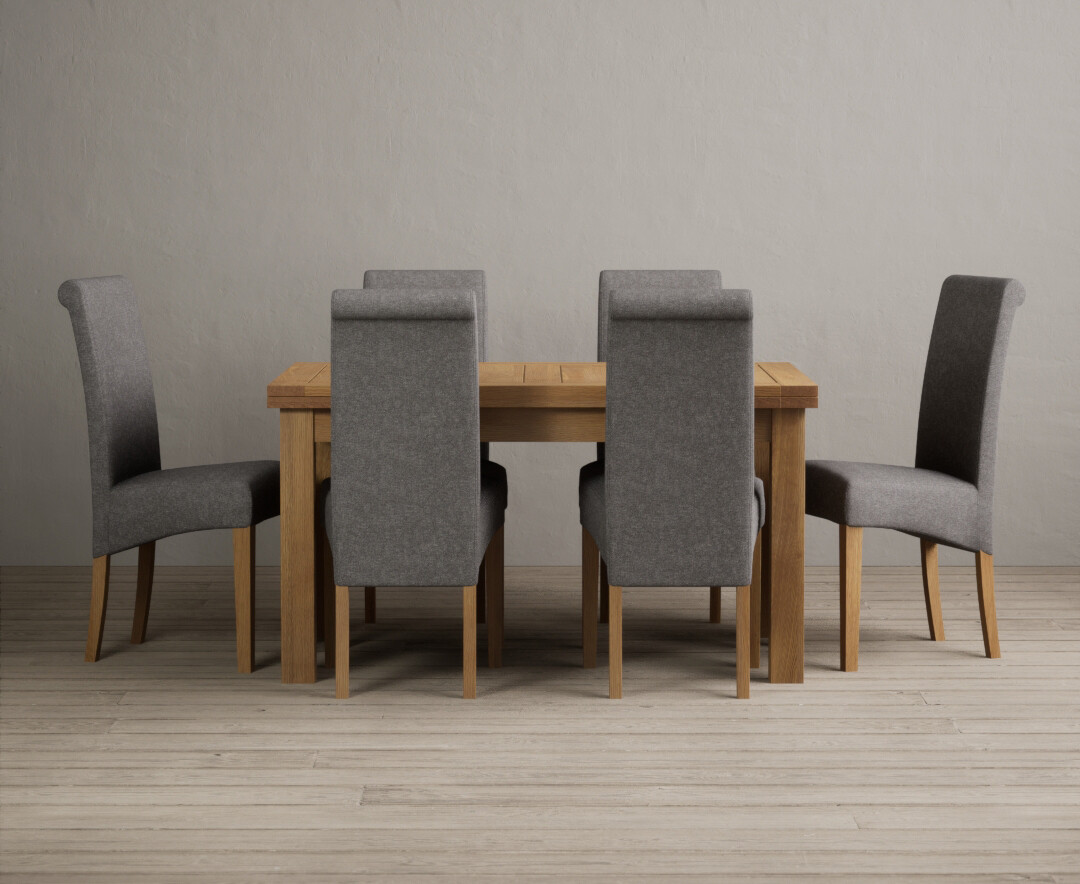 Product photograph of Extending Buxton 140cm Solid Oak Dining Table With 8 Grey Scroll Back Chairs from Oak Furniture Superstore