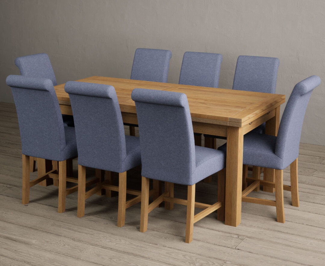 Photo 3 of Hampshire 180cm solid oak extending dining table with 12 brown scroll back braced chairs