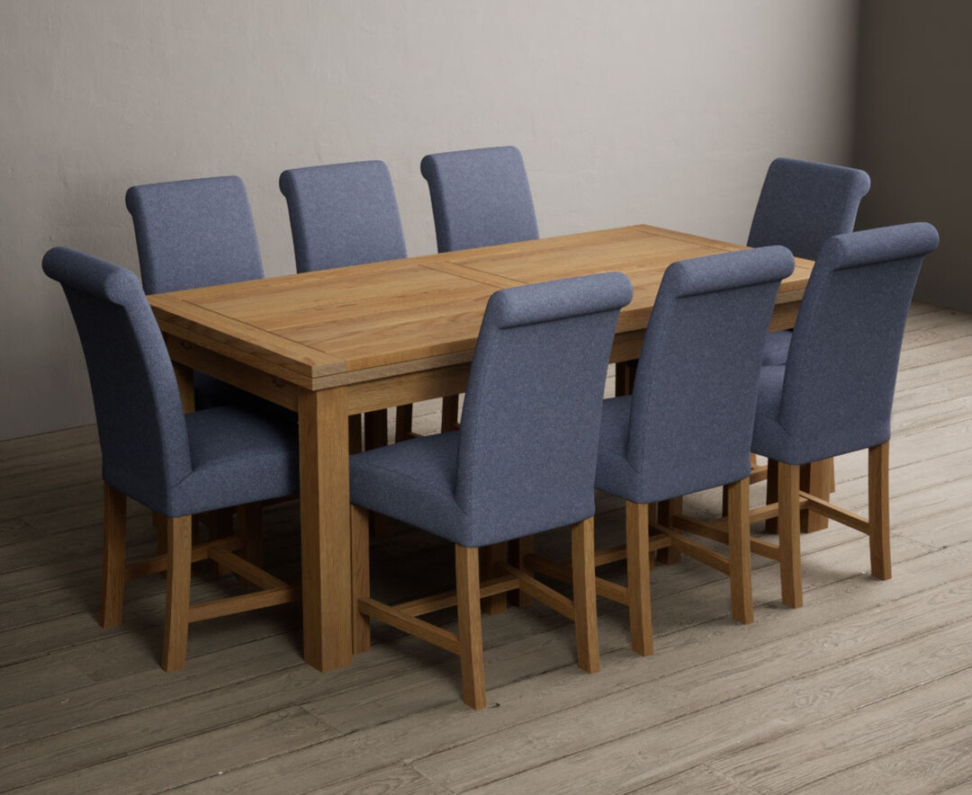 Photo 1 of Buxton 180cm solid oak extending dining table with 6 grey scroll back braced chairs