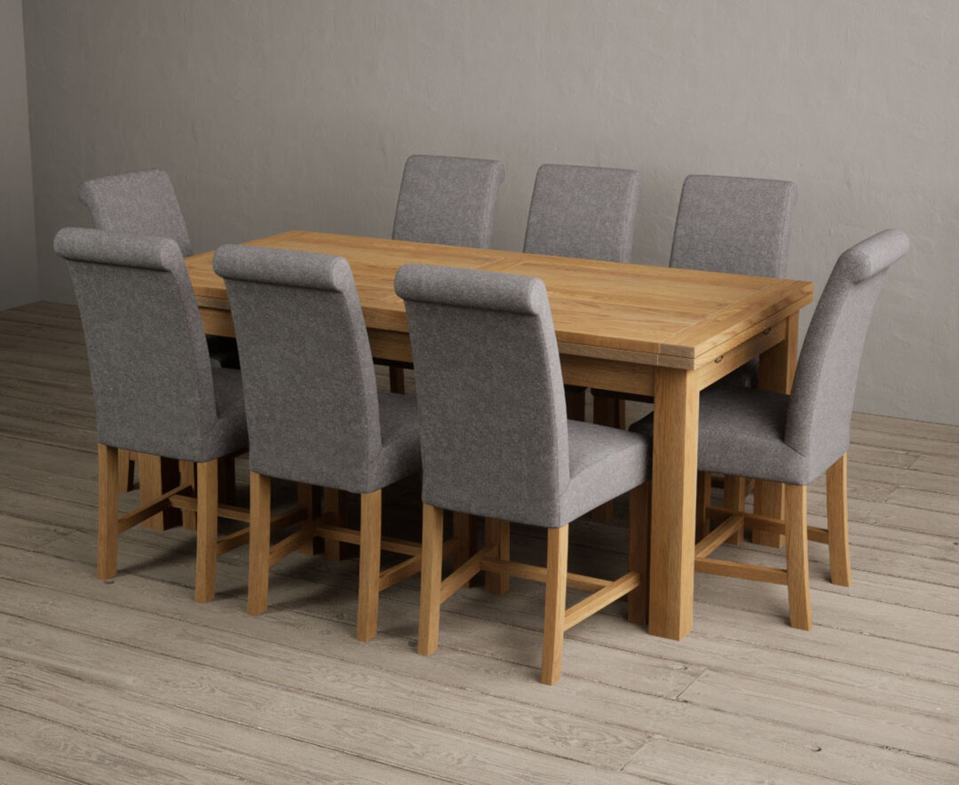 Photo 2 of Buxton 180cm solid oak extending dining table with 6 grey scroll back braced chairs