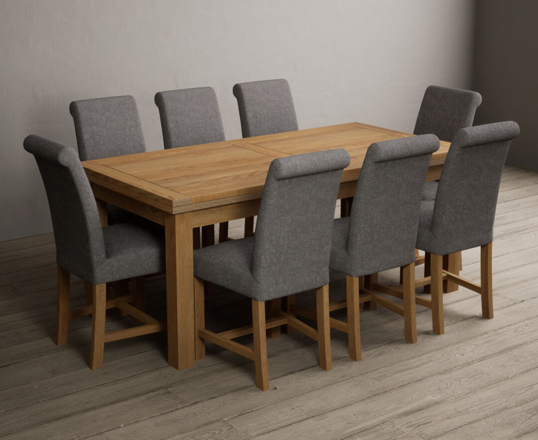 Hampshire 180cm Solid Oak Extending Dining Table With 8 Charcoal Grey Scroll Back Braced Chairs