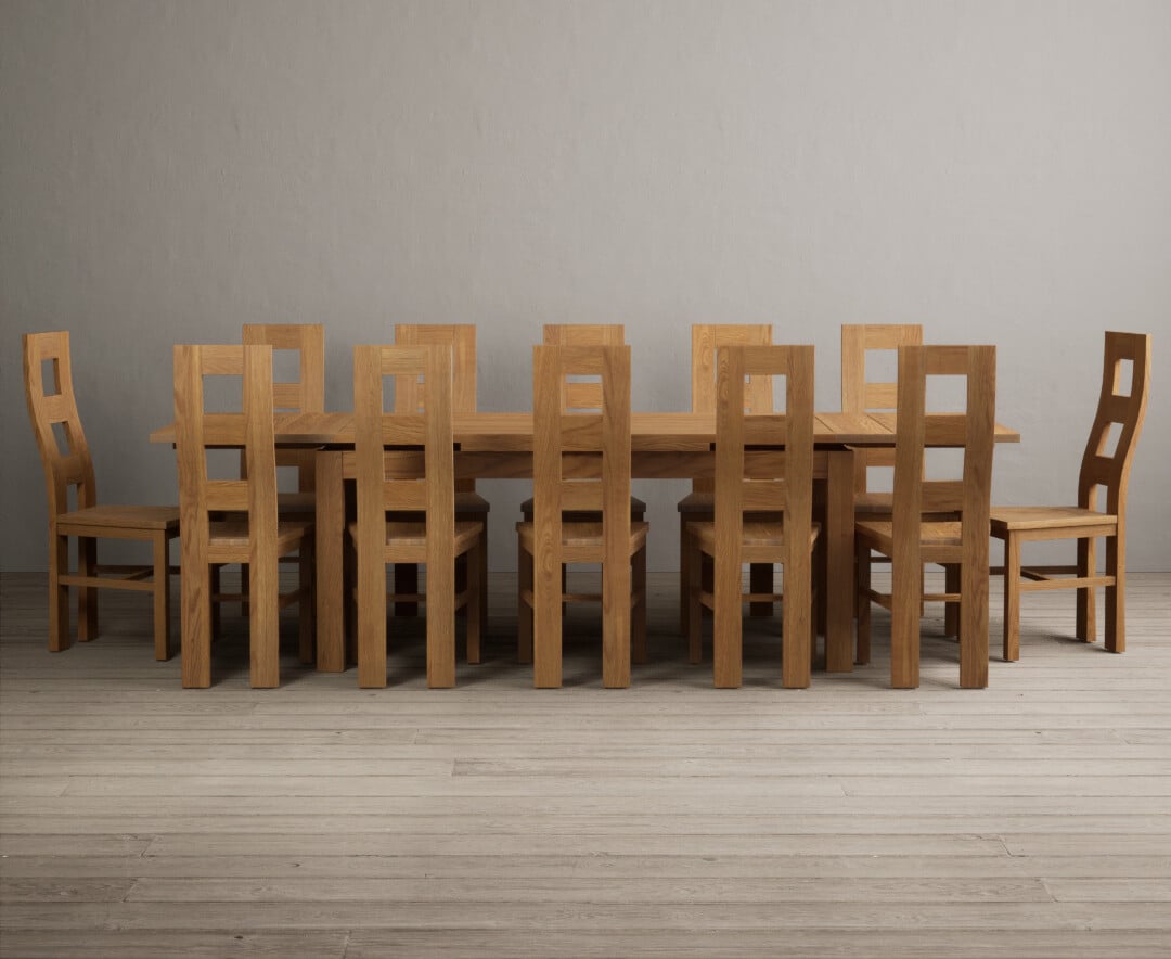 Extending Buxton 180cm Solid Oak Dining Table With 10 Blue Natural Chairs