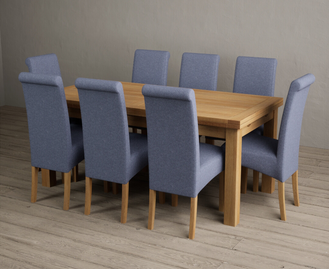 Photo 3 of Buxton 180cm solid oak extending dining table with 6 blue scroll back chairs